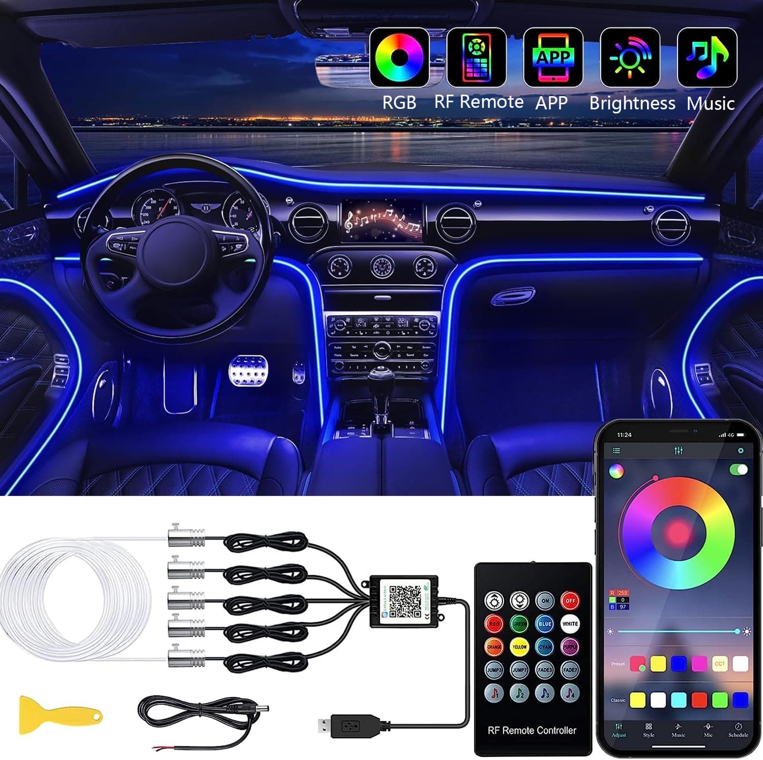 Exrp Interior Car LED Strip Lights with Wireless APP and Remote Control, RGB 5 in 1 Ambient Lighting Kits with 6m Fiber Optic, 16 Million Colors Car Neon Lights, Sync to Music
