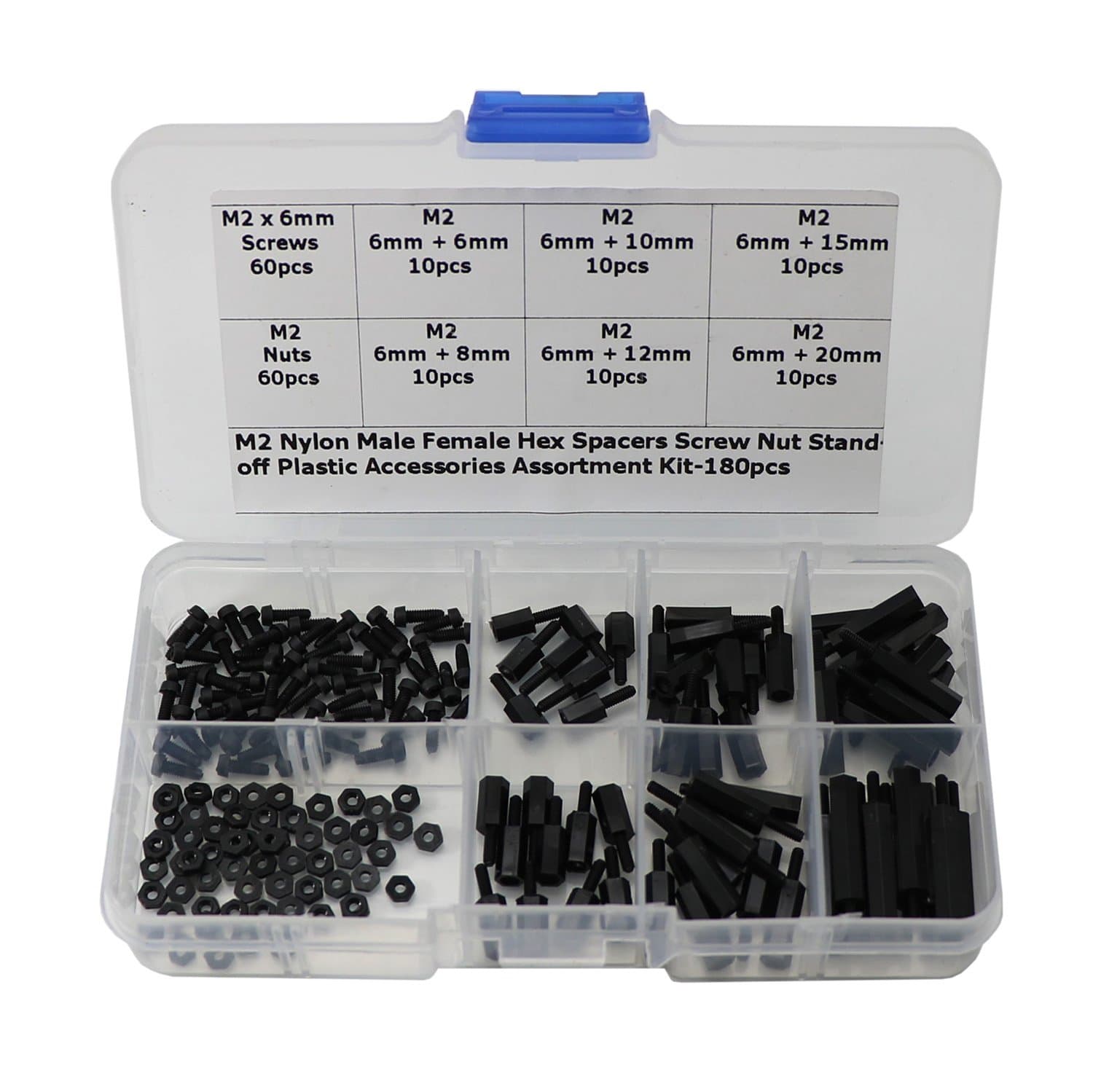 180 Pcs M2 Nylon Hex Nuts Screws Spacers Standoff Plastic Accessories Assortment Kit,Black