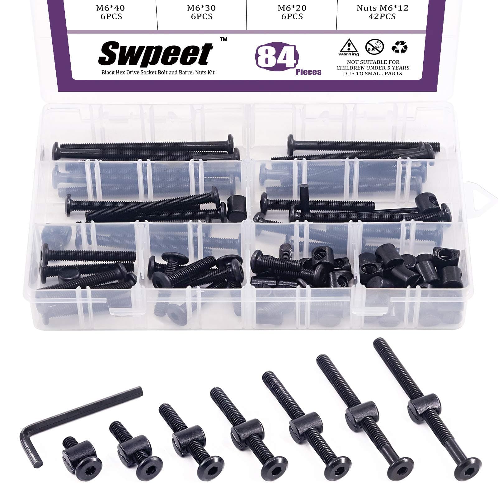 Swpeet 120Pcs Black M6 Hex Socket Head Cap Screws Kit for Crib, Baby Bed, Furniture - 20/30/40/50/60/70/80mm Bolts, Barrel Nuts, Allen Wrench Included