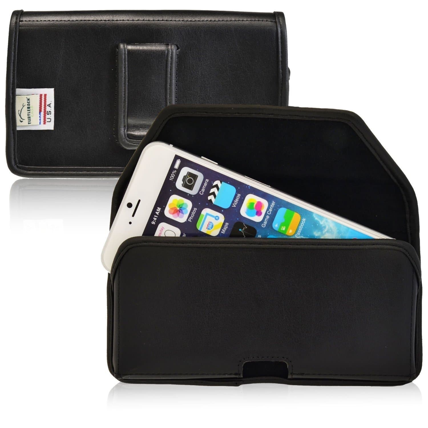 TurtleBackLeather Holster Belt Clip Case Fits Apple iPhone 6S, Horizontal Executive Black Leather Pouch