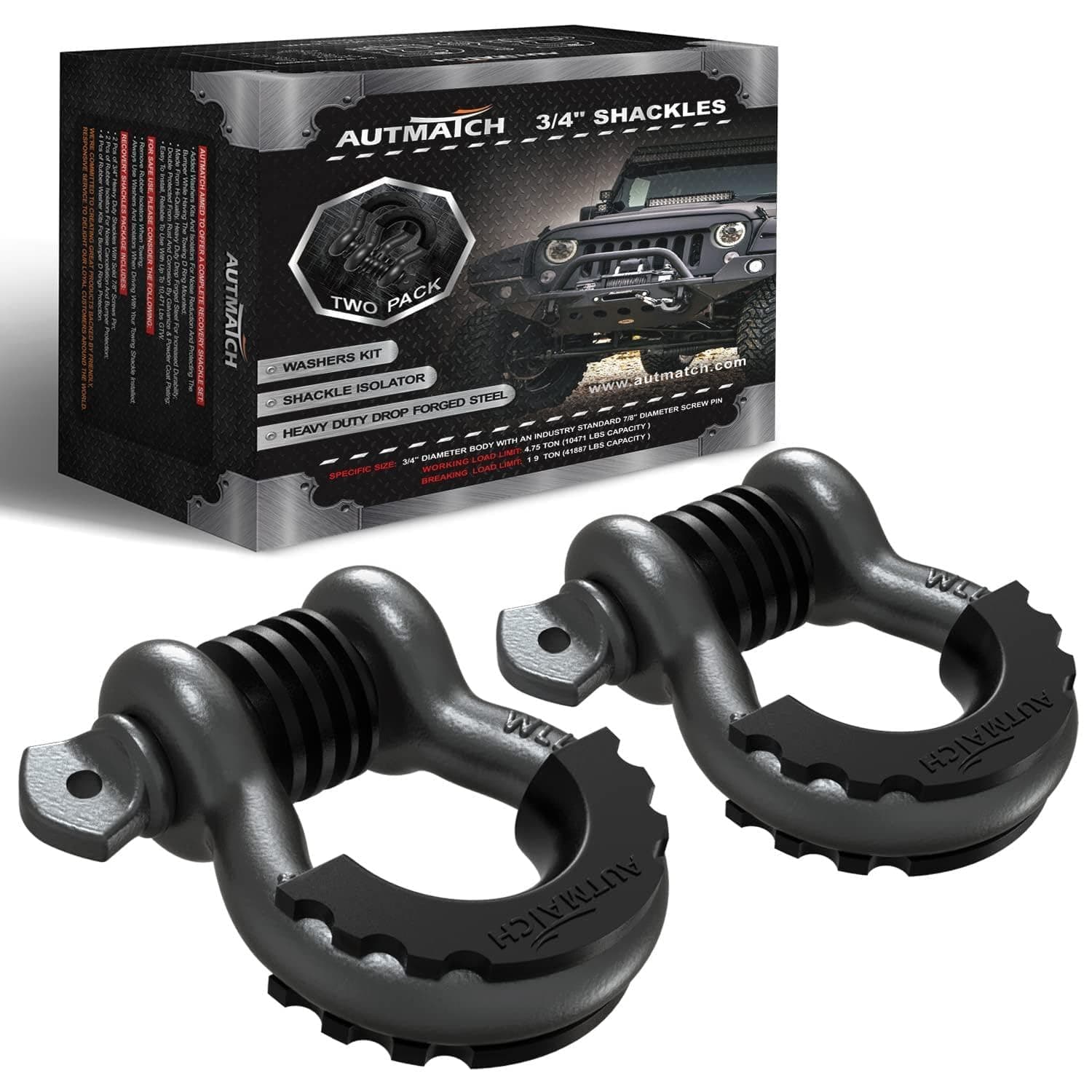 AUTMATCH Shackles 3/4" D Ring Shackle (2 Pack) 41,887Ibs Break Strength with 7/8" Screw Pin and Shackle Isolator & Washers Kit for Tow Strap Winch Off Road Vehicle Recovery Gunmetal Gray