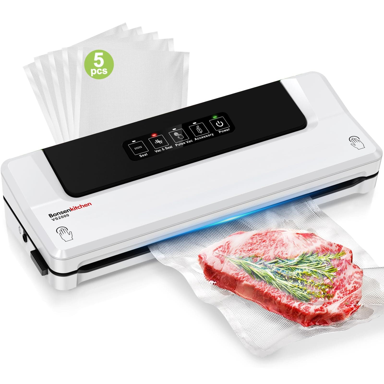 Bonsenkitchen Vacuum Sealer, Fast-Compact Vacuum Sealer Machine, Globefish Technology for High-Speed Continuous Working, Multi-Functional Food Vacuum Sealer with Vacuum Bags & Accessory Hose, White