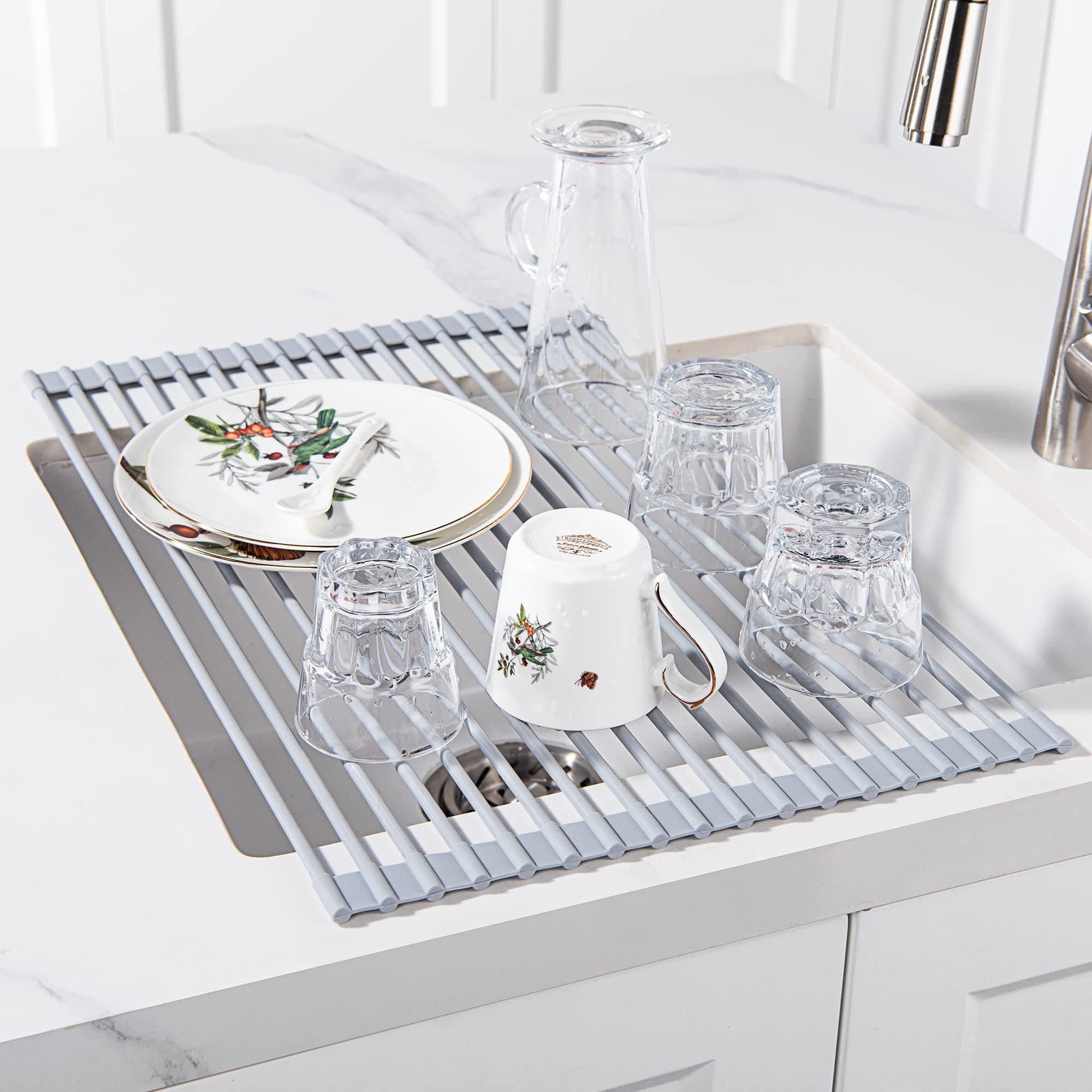 U-TasteRoll Up Dish Drying Rack 20.4 by 13 Inches, Over The Sink Foldable Multipurpose Silicone Dish Drainer Warm Gray, Large