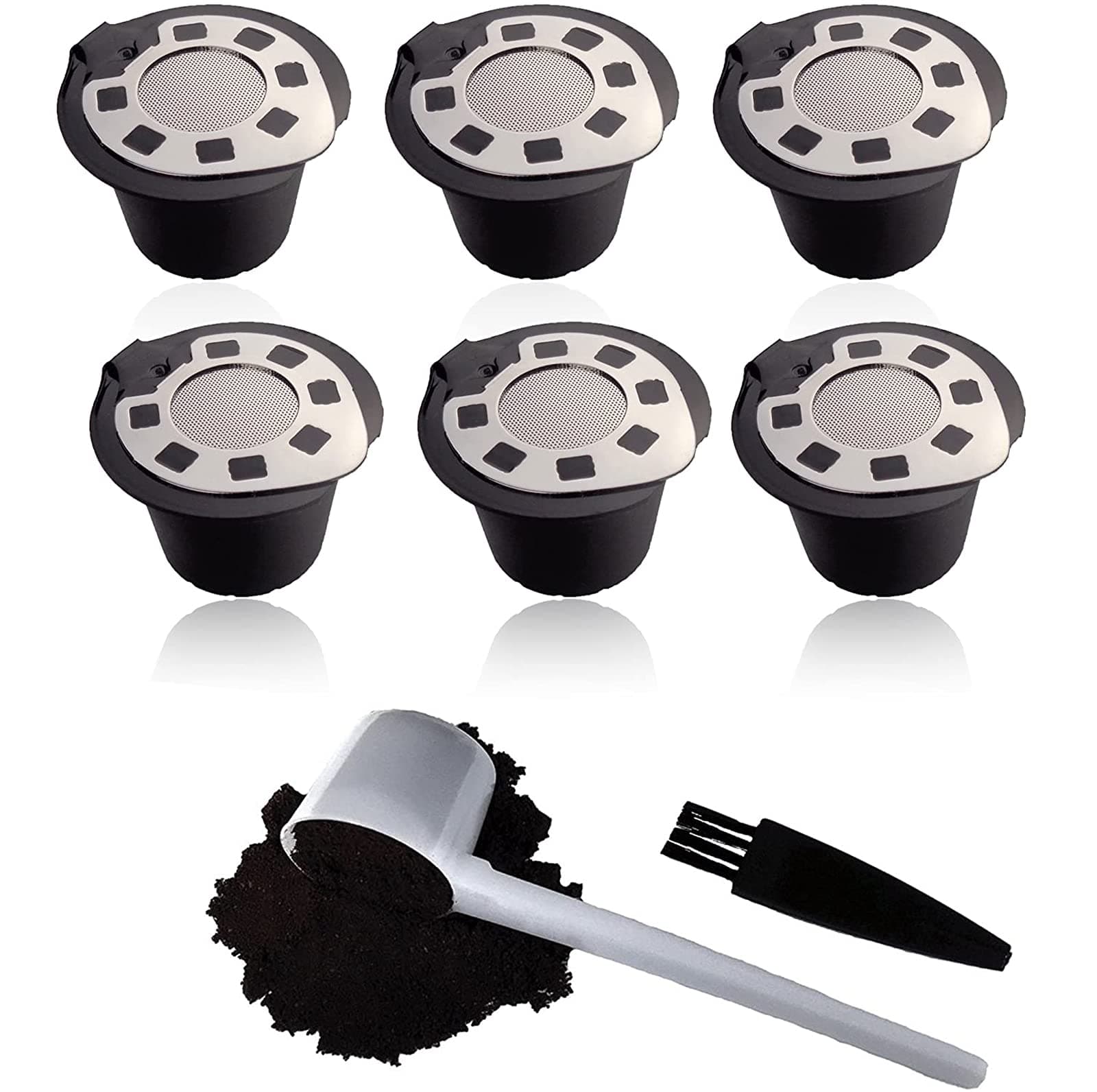 KASTWAVE Refillable Capsules for Compatible with Nespresso,Silver Reusable Coffee Capsule Pods for Compatible with Nespresso Machines with Coffee Spoon with Brush (OriginalLine Compatible Only)6 Pack