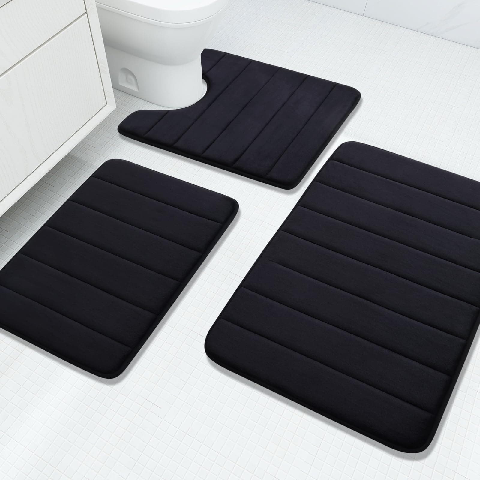 Buganda Memory Foam 3 Pieces Bathroom Rugs Set - Thick Soft Absorbent Non-Slip Bath Mats, Washable Small/Large/Contour Bath Rugs (24" x 16" + 30" x 20" + 24" x 20", Black)