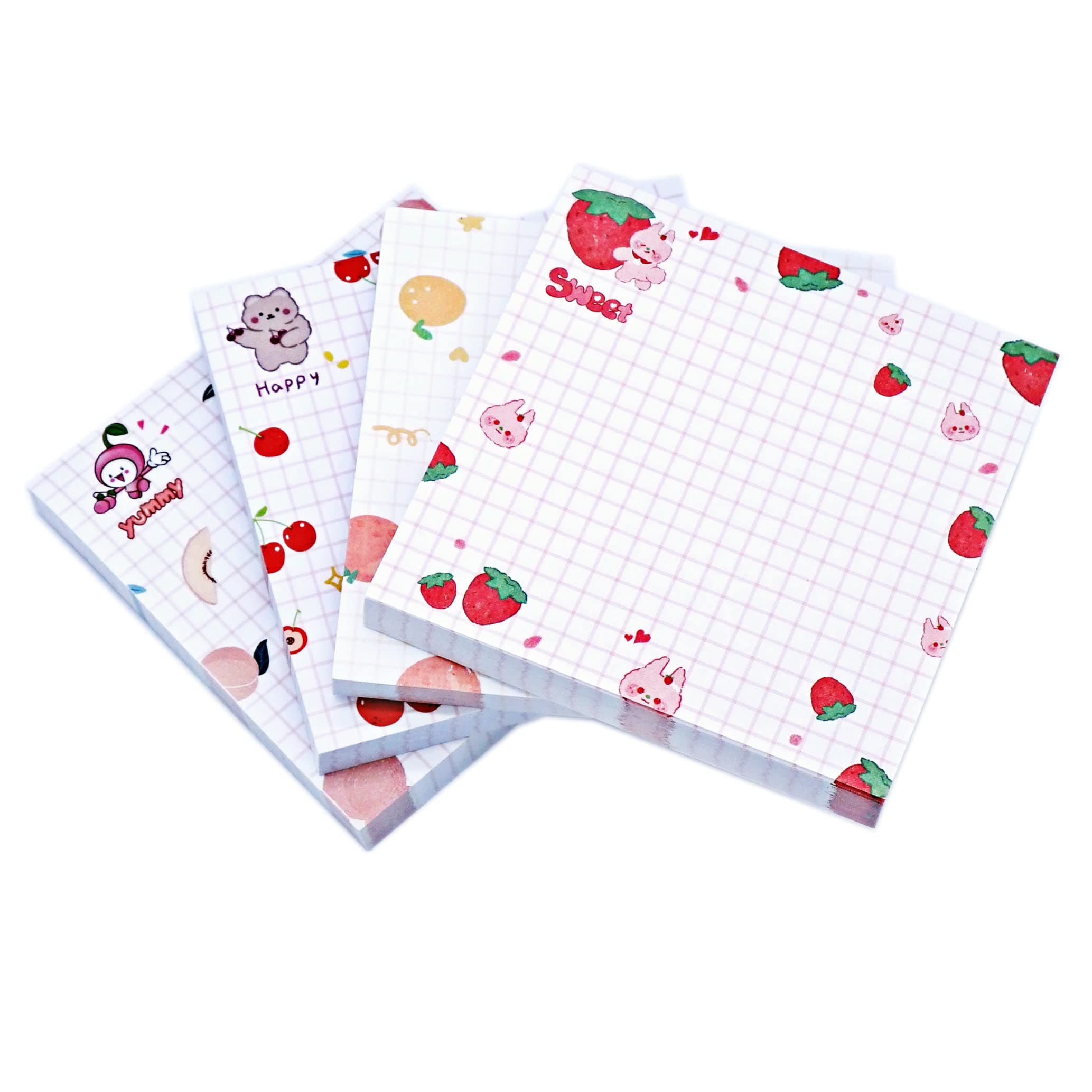 Cute Kawaii Sticky Notes 3.1x3.1in 4Pads 80Sheets/Pad Self-Stick Note Pads Cute Colorful Super Sticky Note Pads 4 Unique Cute Patterns,Fruits Sticky Notes