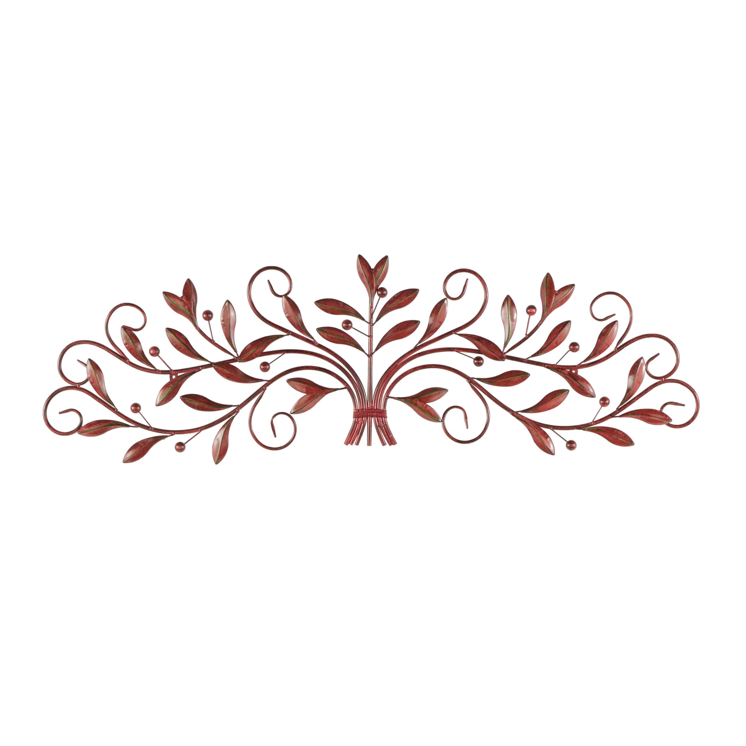 Metal Leaf Home Wall Decor Long Scrolled Wall Sculpture with Beaded Accents, Wall Art 47" x 1" x 14", Red