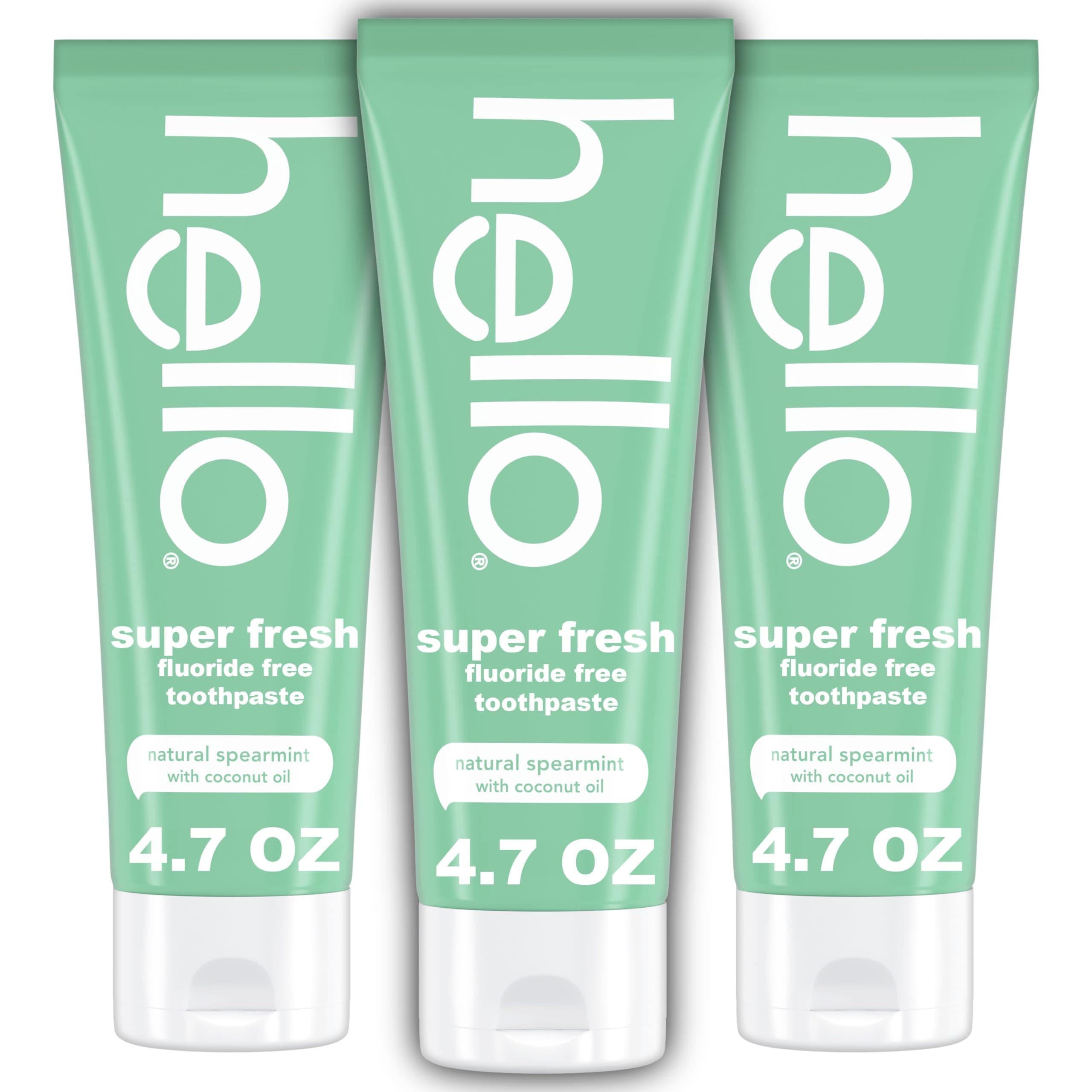 Hello Super Fresh Fluoride Free Toothpaste, Toothpaste for Bad Breath, Helps Remove Surface Stains, Natural Spearmint, 3 Pack, 4.7 Oz Tubes