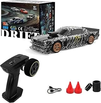 – 1/43 Drift RC Car, Drifty Boyz RC Mini Car for Adults High Speed, Throttle & Steering Full Proportional Control, RTR 2.4Ghz Remote, Simulate LED Car Light, 2 Sets of Tires, 8 Road Cones (White black)