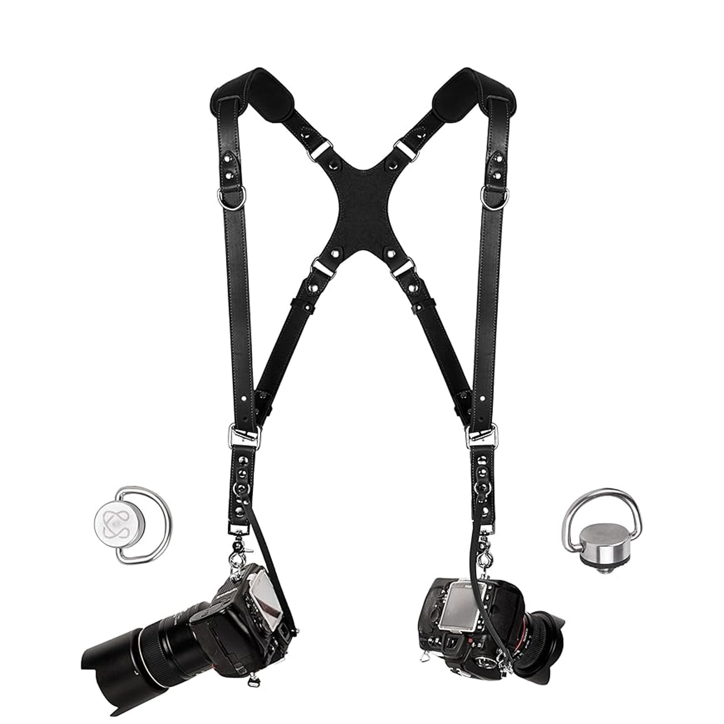 Camera Harness for 2 Cameras – Slim Dual Shoulder Leather Camera Strap – Camera Straps for Photographers, Safety Tether, Black, Adjustable