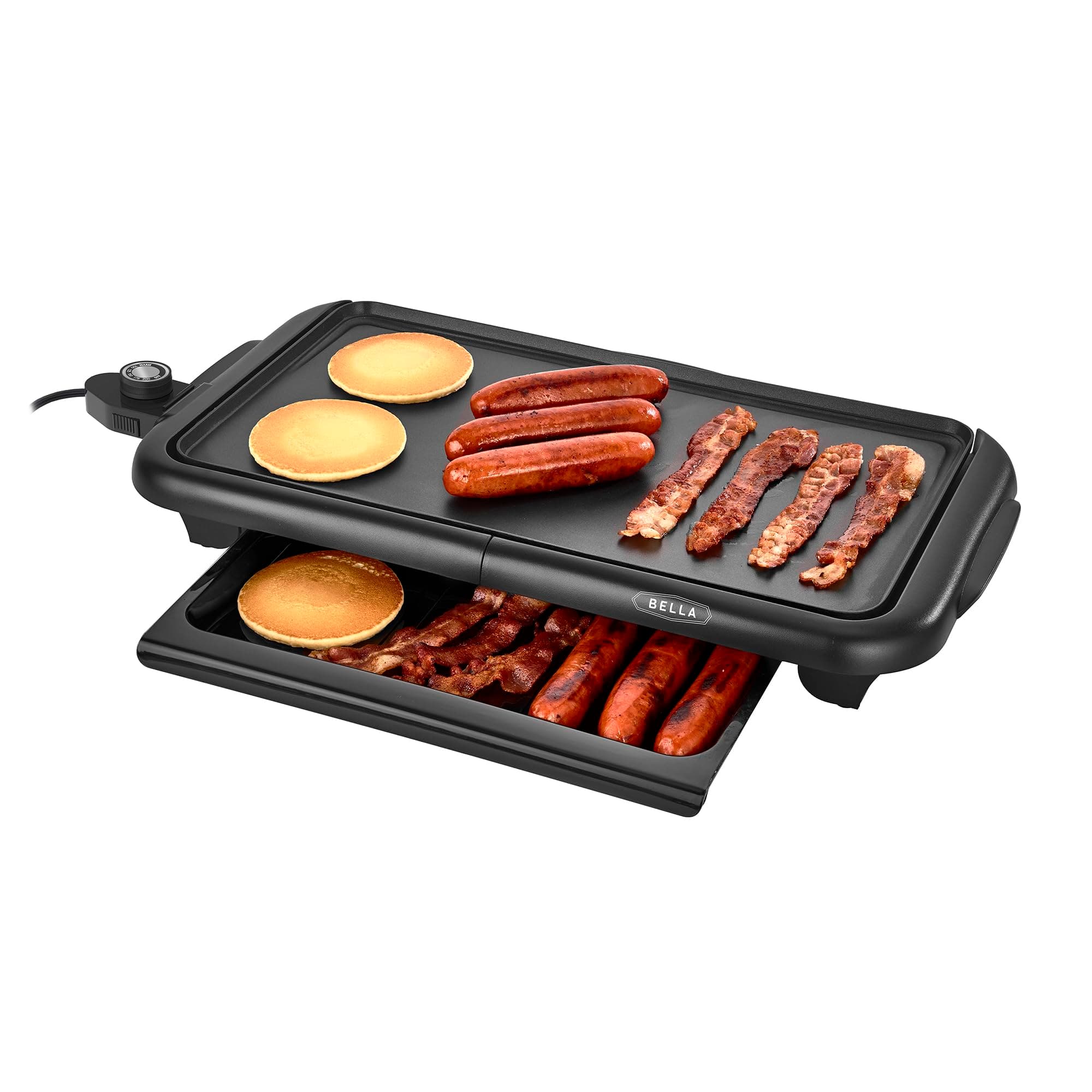 BELLA Electric Griddle w Warming Tray, Make 8 Pancakes or Eggs At Once, Fry Flip & Serve Warm, Healthy-Eco Non-stick Coating, Hassle-Free Clean Up, Submersible Cooking Surface, 10" x 18", Copper/Black