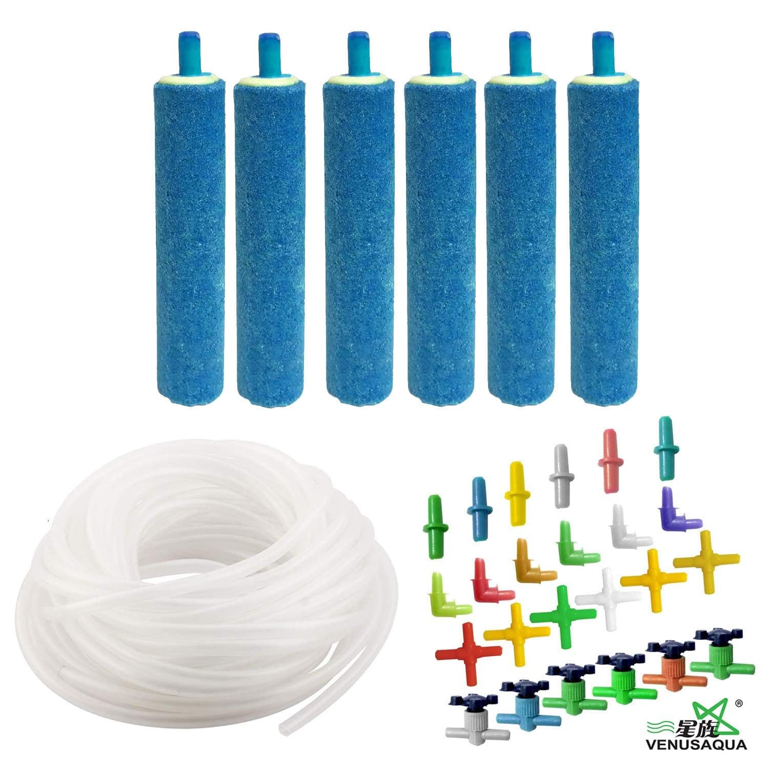 VENUS AQUA® Soft Plastic Oxygen Pump Hose-Air Bubble Stone Aquarium Fish Tank, White, 10 M/4x6 Mm with 3 Inch Air Stone 6 and Air Tube Outlet Connector, Multicolor, 24 Pieces