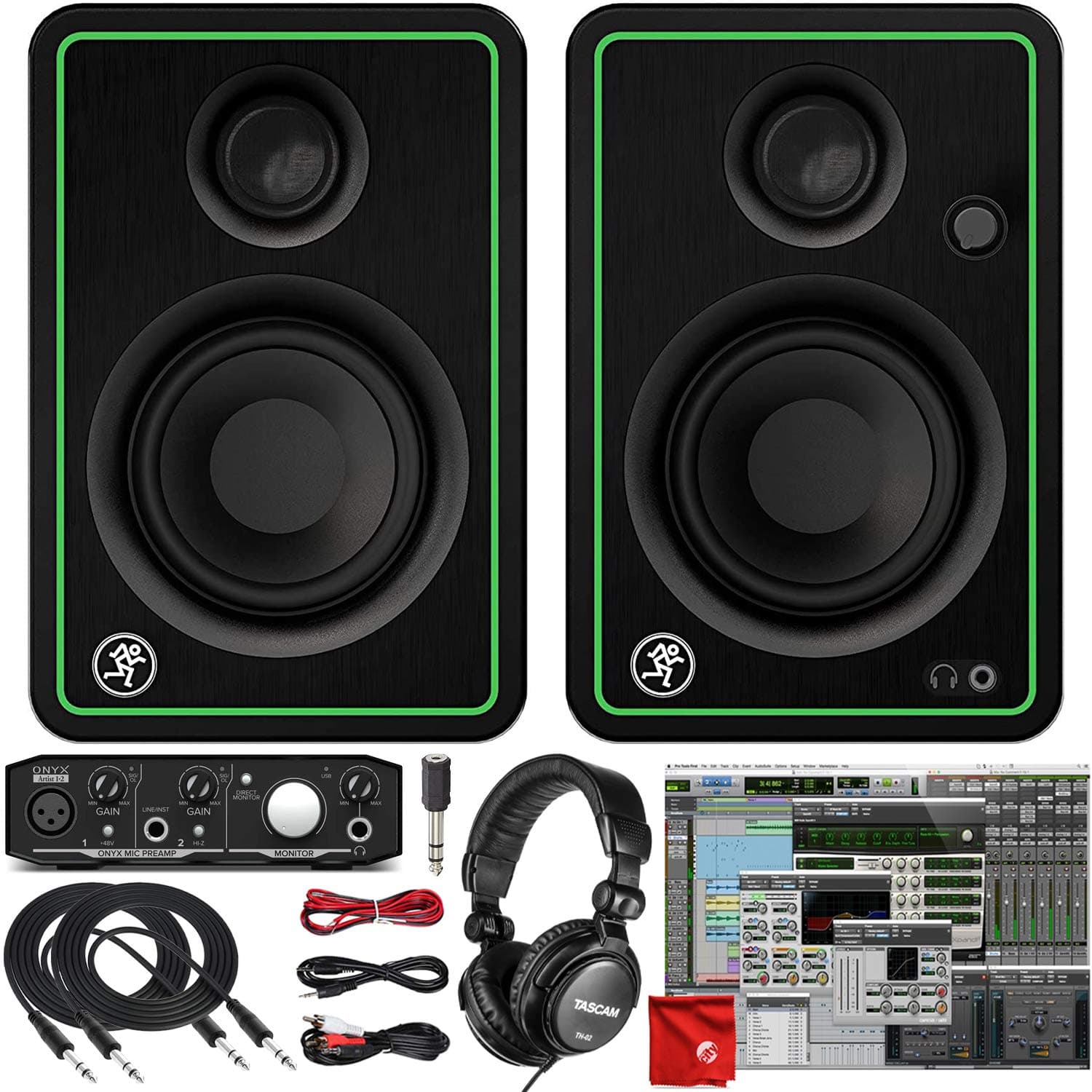 Mackie CR3-X 3-Inch Creative Reference Multimedia Monitors Bundle with Mackie Onyx Artist 1-2 USB Audio Interface, Pro Tools DAW Software, TH-02 Closed Back Headphones, 2X 10-Foot TRS Cable