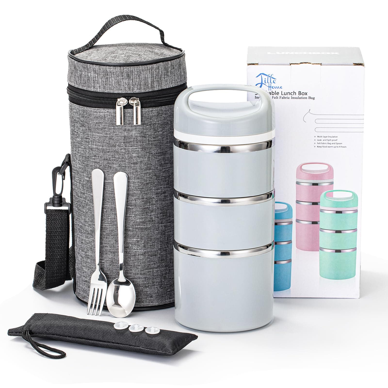 Stackable Stainless Steel Thermal Compartment Lunch/Snack Box, 3-Tier Insulated Bento/Food Container with Lunch Bag, Utensils Set and Three Extra Seals, 43OZ (Gray)