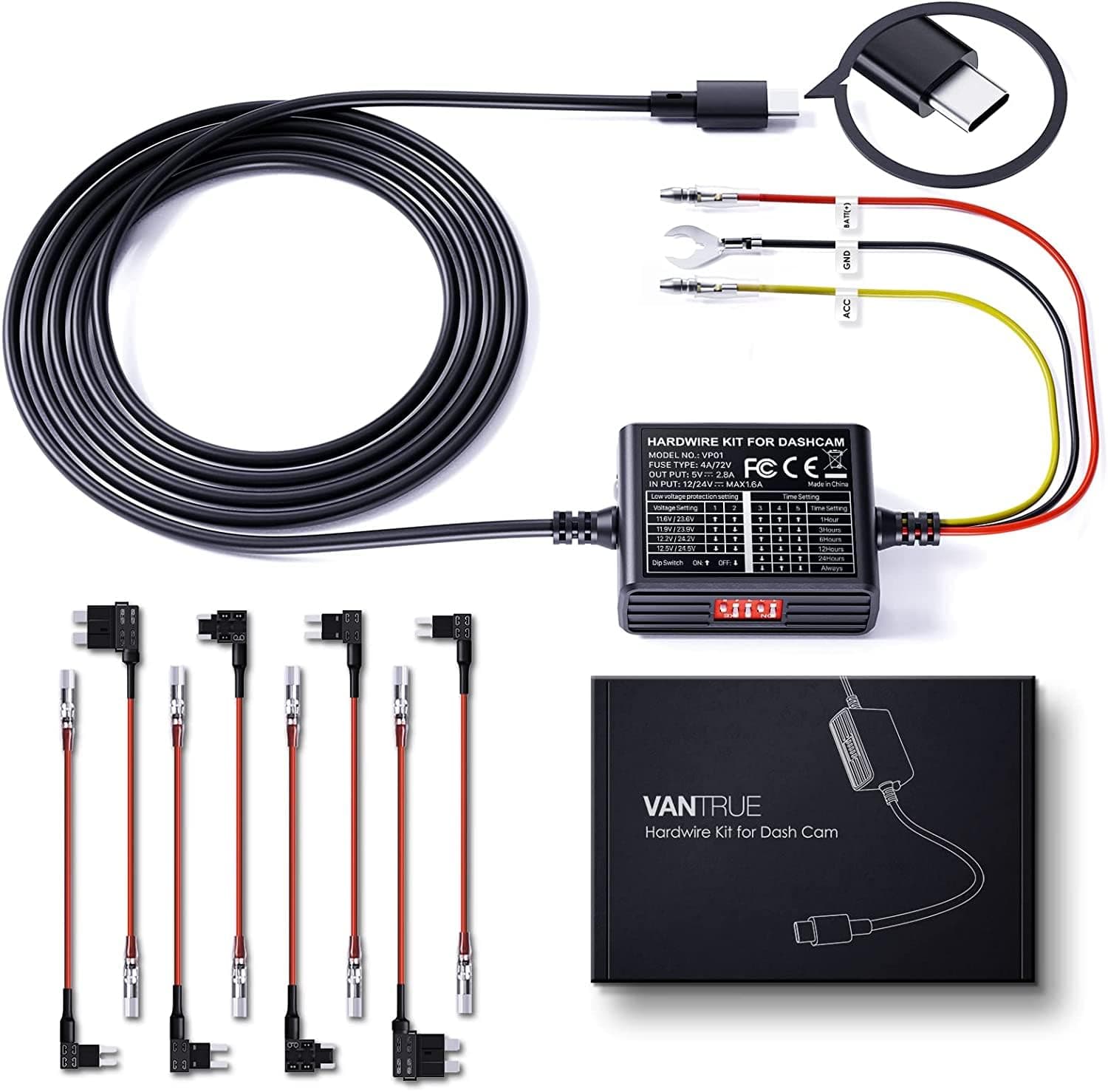 USB-C 5 Level Hardwire Kit with ACC for N5/N4 Pro/N4/N2X/E360/S1 Pro/E1 Pro/E1/E1 Lite/E2/E3/X4S/N2 Pro(USB-C)/N2S/S2 Dashcam, 12V-24V to 5V, 24h Parking Mode, Low Voltage Protection, 11.5ft