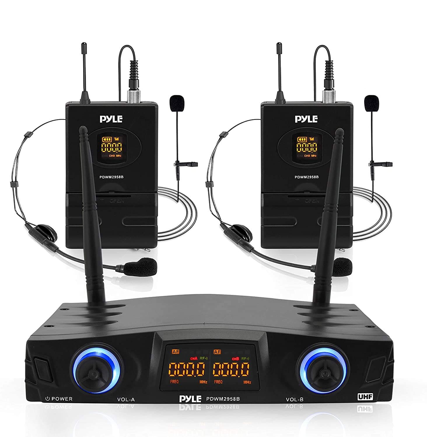 Compact UHF Wireless Microphone System - Pro Portable Dual Channel Desktop Digital Mic Receiver Set w/ 2 Belt-Pack Transmitter, Receiver, 2 Headset, Lavalier Mics, XLR, For Home, PA - PDWM2958B