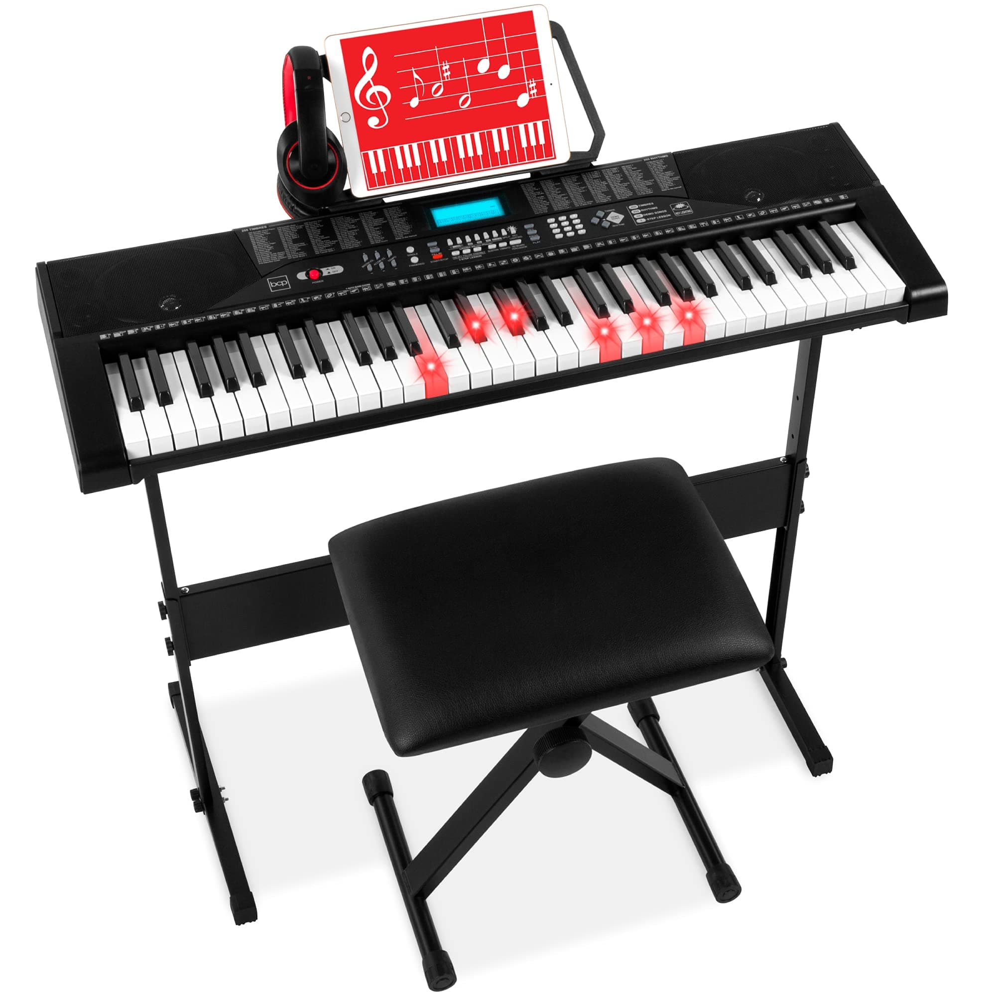 61-Key Beginners Complete Electronic Keyboard Piano Set w/Lighted Keys, LCD Screen, Headphones, Stand, Bench, Teaching Modes, Note Stickers, Built-In Speakers - Black