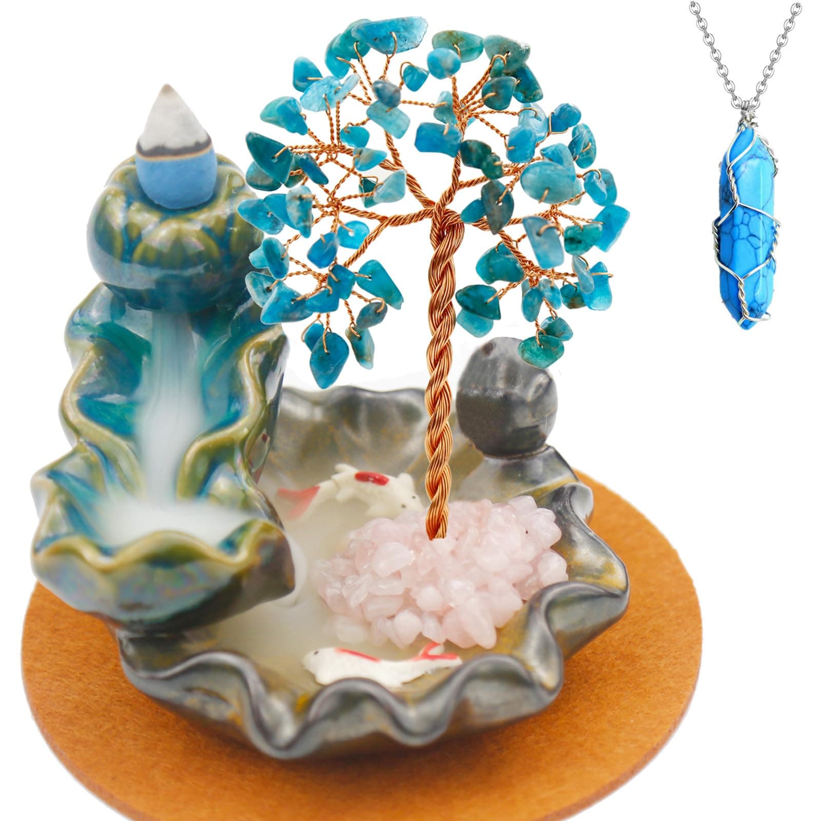 Waterfall Burner, Crystal Tree Backflow Incense Holder, with 30 Incense Cones, 30 Incense Stick, 1 Healing Crystal Necklace, Aromatherapy Anxiety Relief Items, Mom Gifts for Christmas