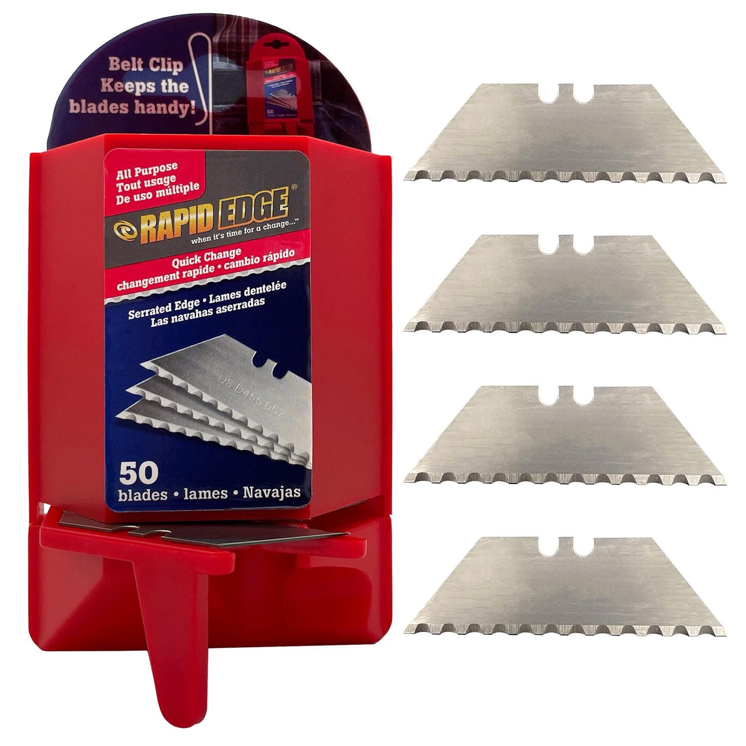 Rapid Edge 1-Pack All-Purpose Utility Knife Blades, Serrated Utility Blade For Faster and Smoother Cuts, 50 Box Cutter Blades Refills, Comes With a Patented Dispenser Featuring a Belt Clip