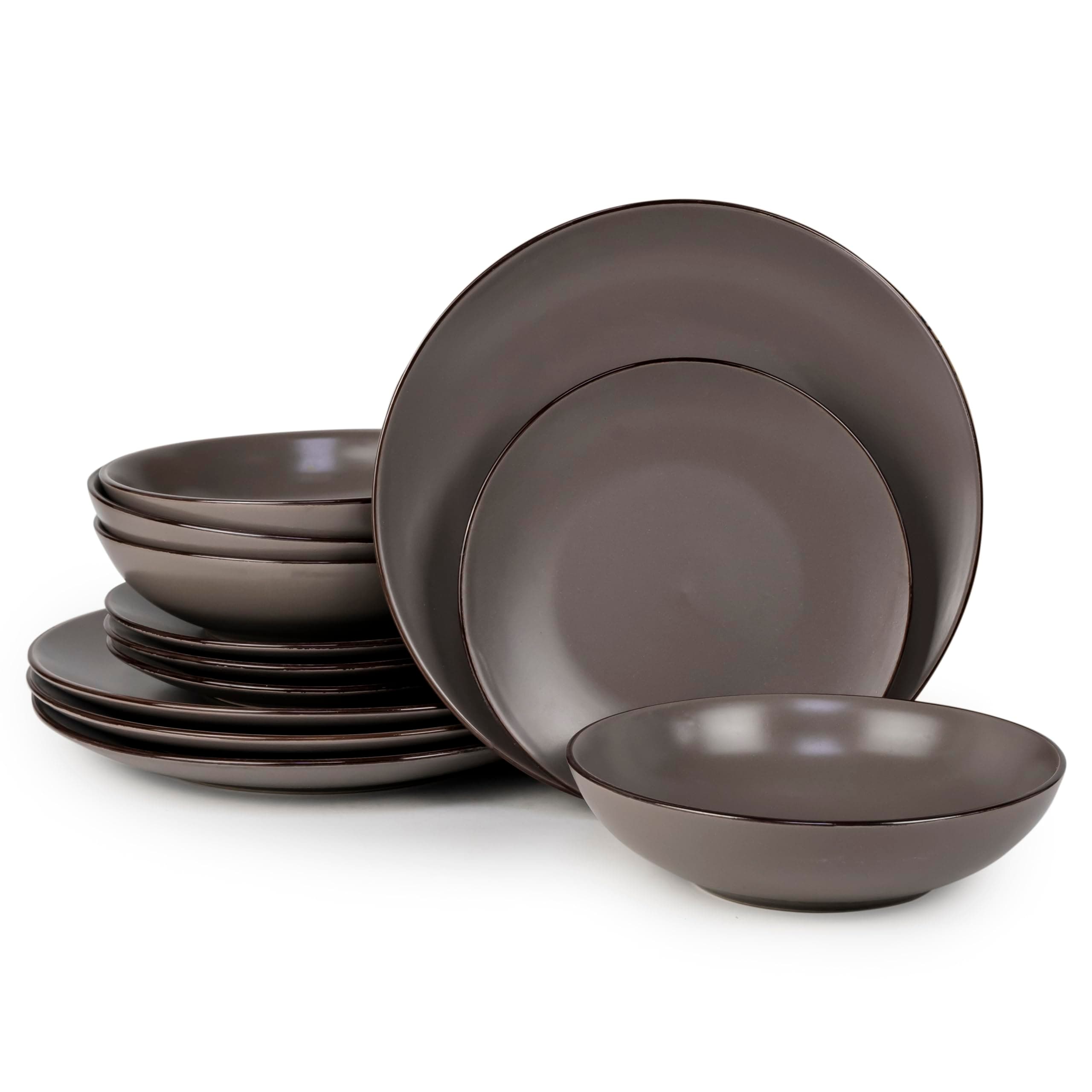 Bone China12-Piece Stoneware Dinnerware Set - Elegant Ceramic Crockery for 4 - Includes 26cm Dinner Plate, 20cm Salad Plate, and 20cm Bowl with Brown Color Rim