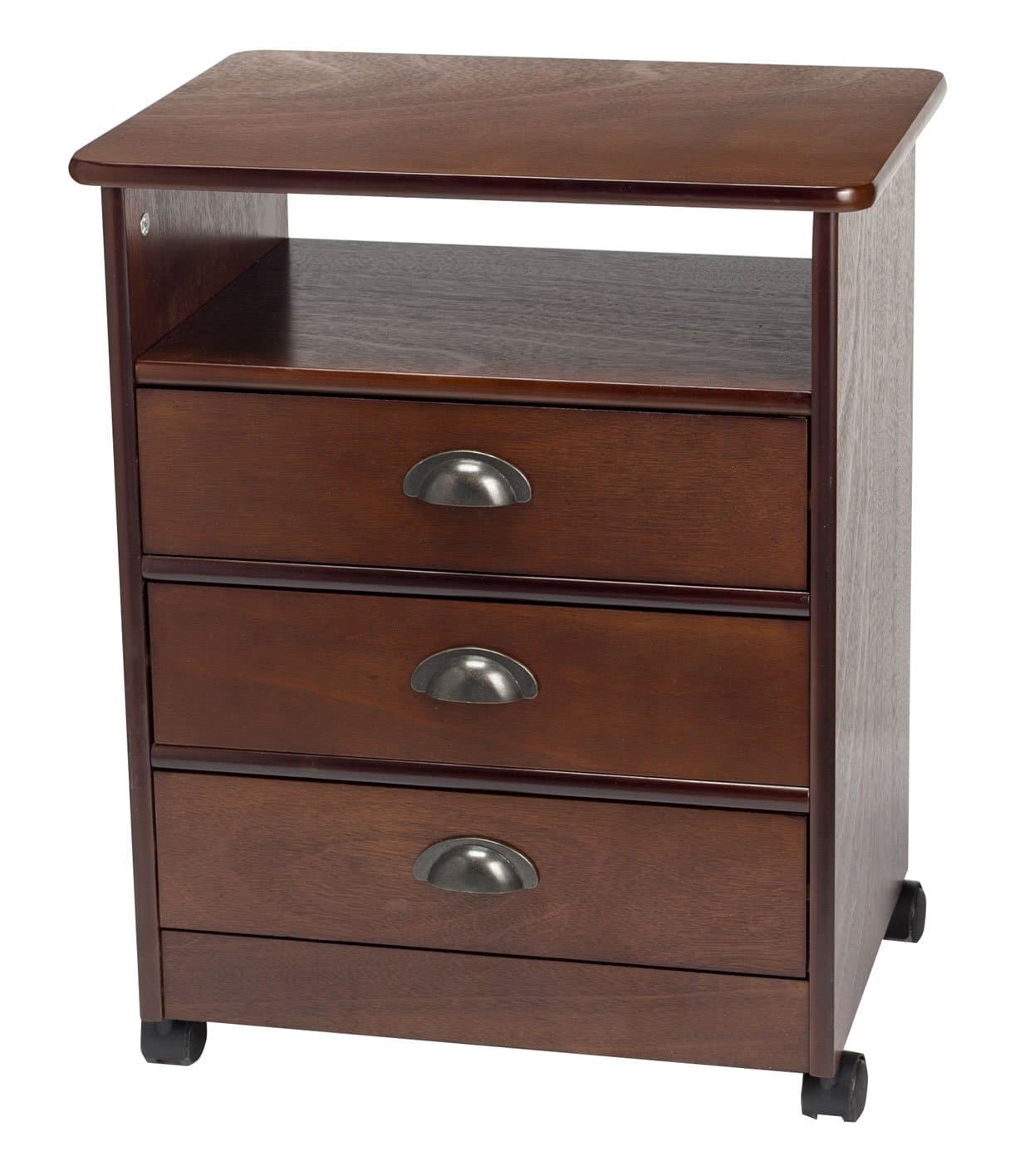 OakRidge 3-Drawer Wooden Multipurpose Rolling End Table, 19.25” L x 14.5” W x 24” H – Rolling Wooden Utility Cart with 4 Casters, Top Platform, Open Storage Shelf & 3 Sliding Drawers