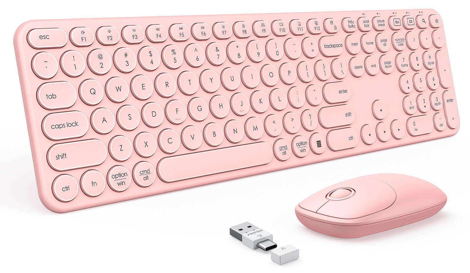 PEIOUS Wireless Mouse and Keyboard, USB and Type C Cute Wireless Keyboard Mouse Combo, Full Size Round Key Cordless Keyboard for Mac, Windows 7/8/10, Chrome OS, Laptop, Computer (Pink)