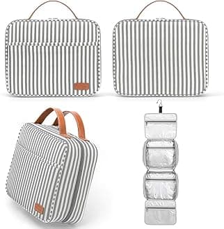 Bosidu Hanging Travel Toiletry Bag,Large Capacity Cosmetic Toiletry Travel Organiser for Women/Men with 4 Compartments & 1 Sturdy Hook,Perfect for Travel/Daily Use (Grey & White Striped)