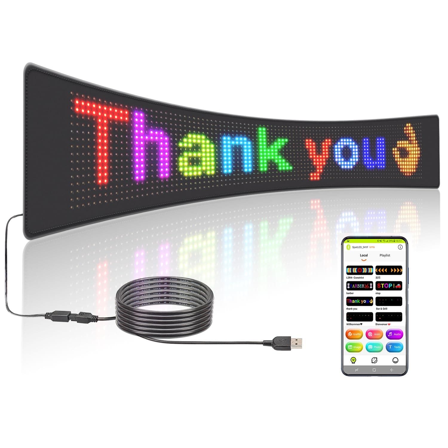 Leadleds Programmable Scrolling LED Car Sign, Flexible USB 5V LED Display Board,Bluetooth App Control Custom Text & Animation,for Store,Taxi,Counter,Booth Advertising(26.4''x4.8'')