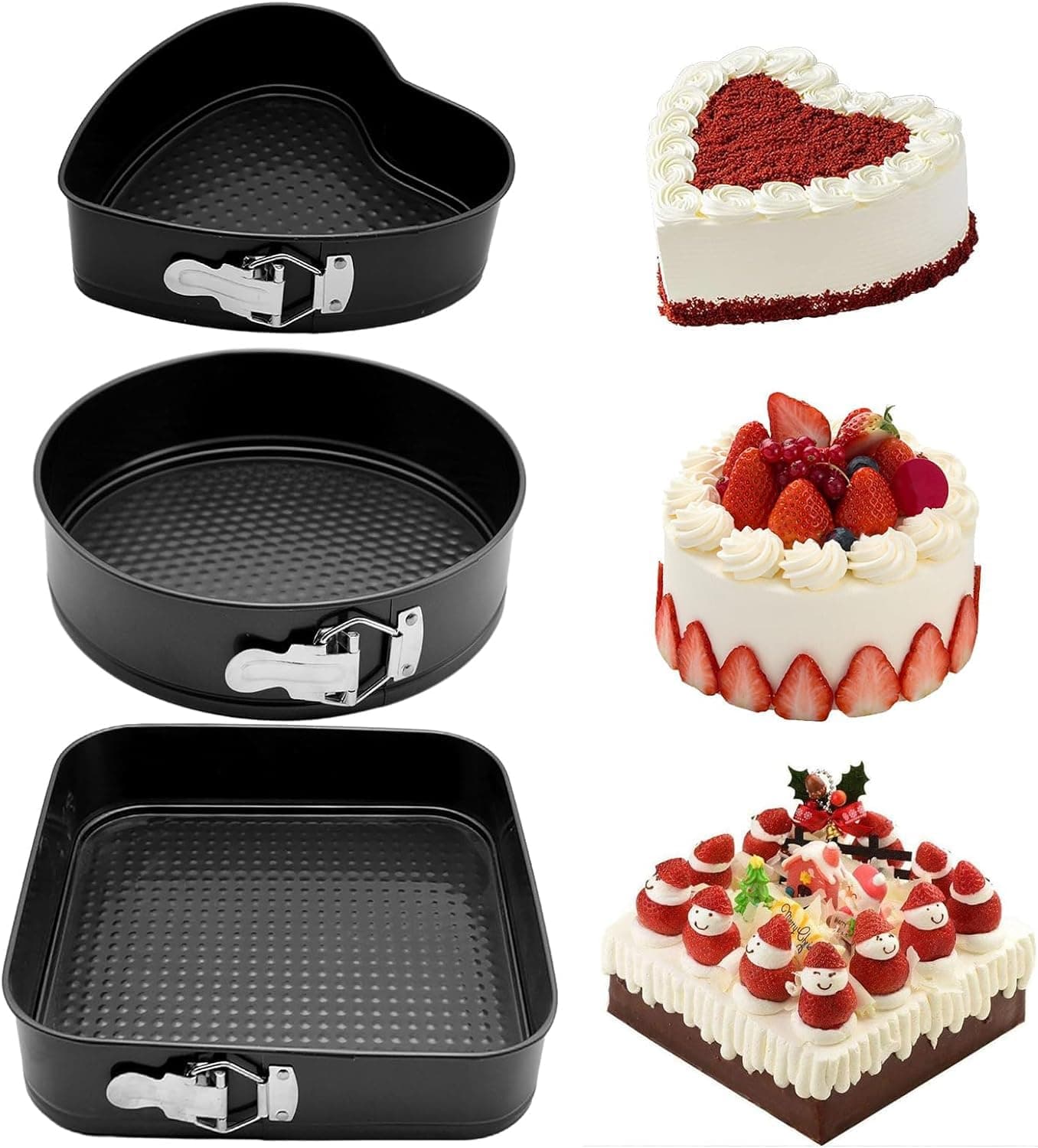 KASTWAVE Springform Cake Pan Set of 3 (7, 8, 9 Inch) Heart Round Square Leakproof Nonstick Cheesecake Pans with Removable Bottom Stainless Steel Bakeware