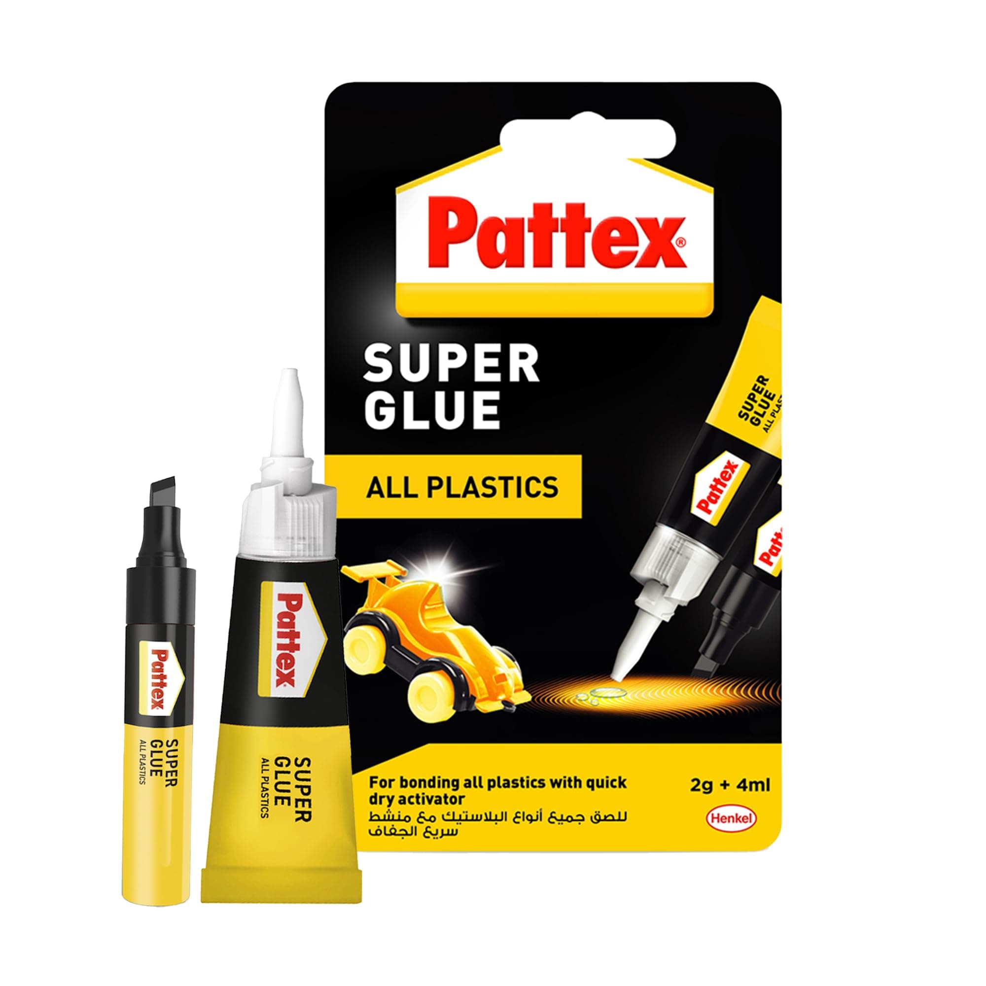 Pattex Super Glue All Plastics | Bonds All Difficult-to-Bond Plastics with Quick Dry Activator | Instant Grip Invisible Repair with Anti-Clog Cap | Compatible with All Plastics | 2g+4ml (Pack of 1)