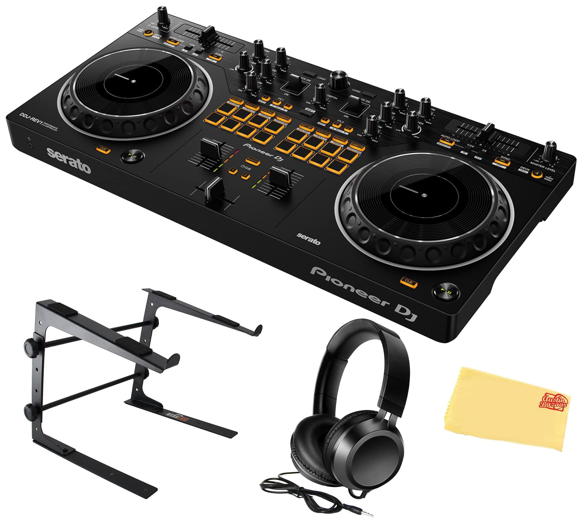 DDJ-REV1 Scratch-Style 2-Channel DJ Controller for Serato DJ Lite - Black Bundle with Laptop Stand, Headphones and, Austin Bazaar Polishing Cloth