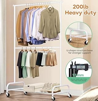 SLEEPING LAMB Double Rod Heavy Duty Clothes Racks for Hanging Clothes, Metal Rolling Garment Rack With Wheels Clothes Hanger Rack Wardrobe Racking for Coats, Shirts (White)