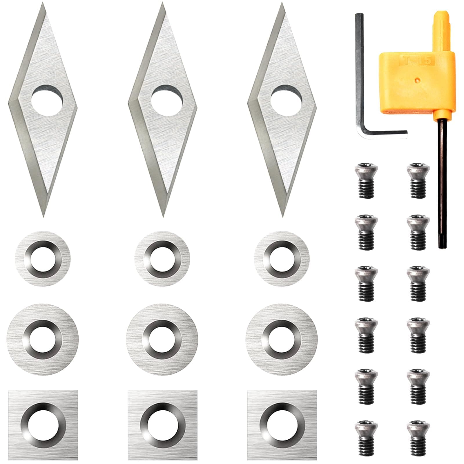 27pcs Carbide Lathe Tools,Tungsten Cutters Inserts Set for Wood Lathe Turning Tools, Include 11 mm Square with Radius, 12 mm and 8.9 mm Round, 30 x 10 mm Diamond, Screwdriver,Screws