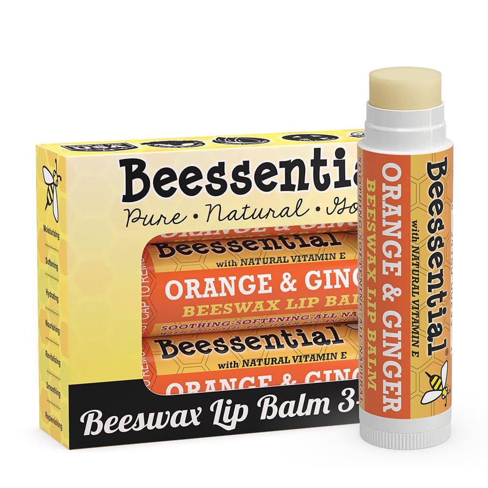 Beessential All Natural Lip Balm, Orange Ginger, 3 Pack | For Dry and Chapped Lips, Great For Men, Women, and Children, Moisturizing Beeswax, Coconut, Shea and Cupuacu Butter