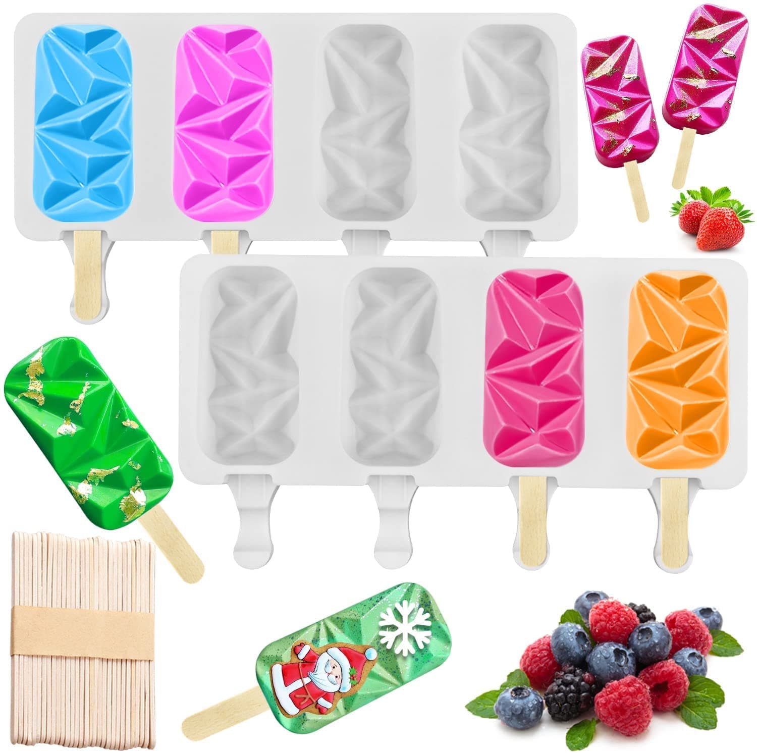 Yuniverse 2 Pack Silicon Popsicle Molds for Cake Pop, Small 4 Cavities BPA Free Diamond Oval Ice Pop Maker Molds with 50 Wooden Sticks - 10.3 x 5.9 x 1 inch