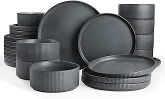 Star Plates and Bowls Sets, Modern Stoneware Dinnerware Sets for 8, 24-Piece Kitchen Dish Set - Microwave and Dishwasher Safe, Chip and Scratch Resistant, Matte Dark Charcoal