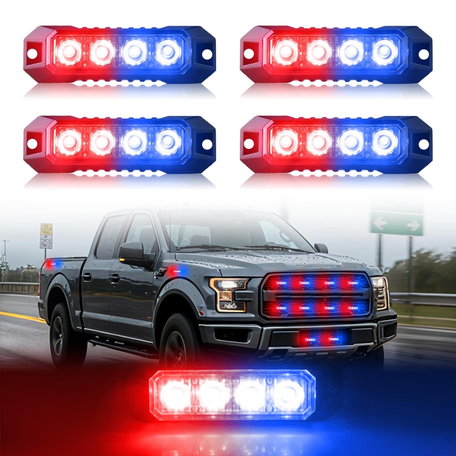 4-LED Red Blue Surface Mount Strobe Lights for Police Trucks Car Vehicle LED Mini Grille Light Emergency Head Flashing Warning Police Light, Ultra Slim 4pcs Sync Feature (Red&Blue)