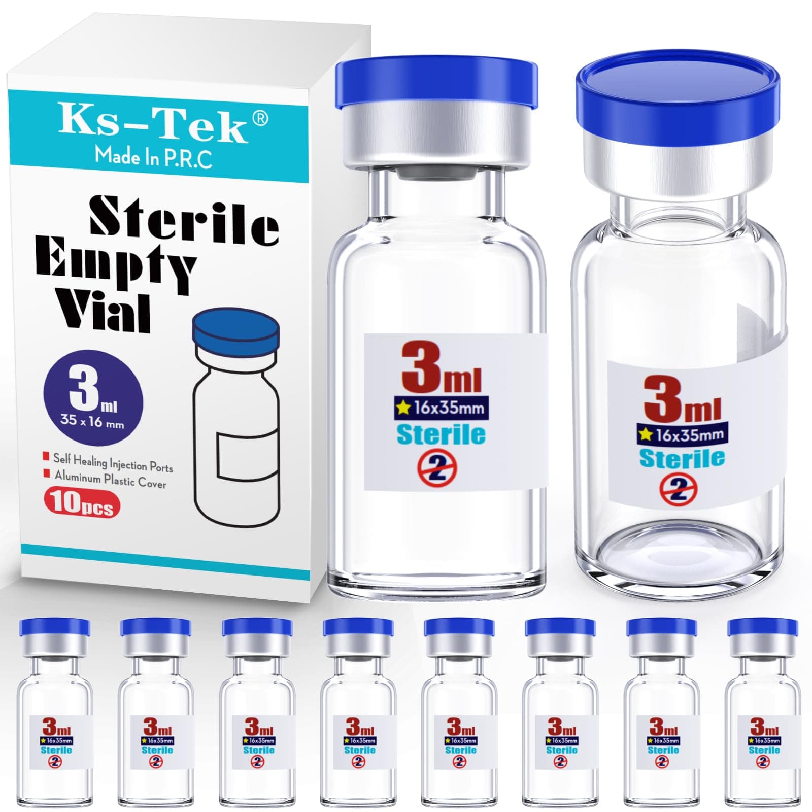 Sterile Empty Vials with Self Healing Injection Port,with Flip Off Aluminum Cap,Sterile Package (3ml,10)