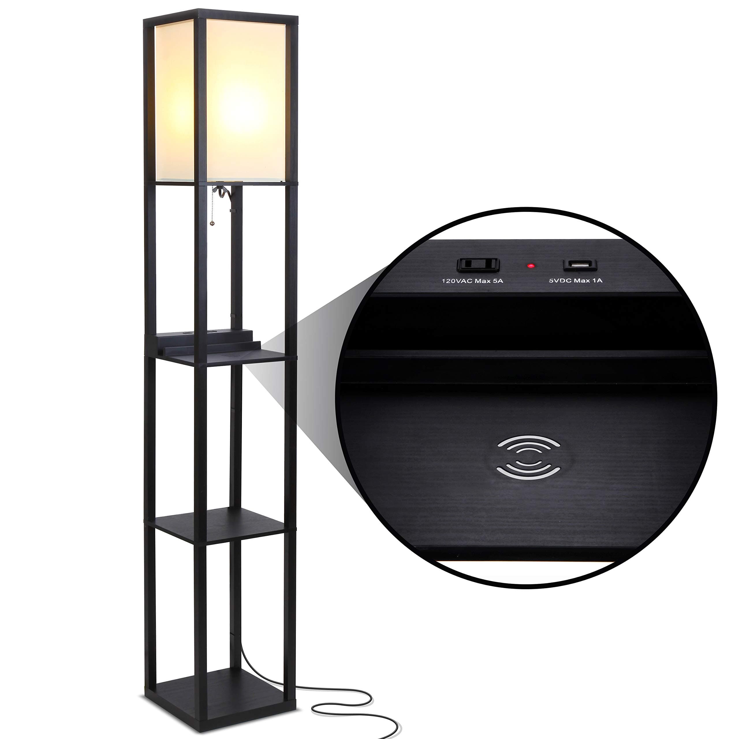 Brightech Maxwell – Modern Shelf Floor Lamp with USB Ports, Wireless Charging & Outlet – Versatile Corner Display and Lamp with Shelves, Storage Solution for Living Room, Office, Bedroom – Black