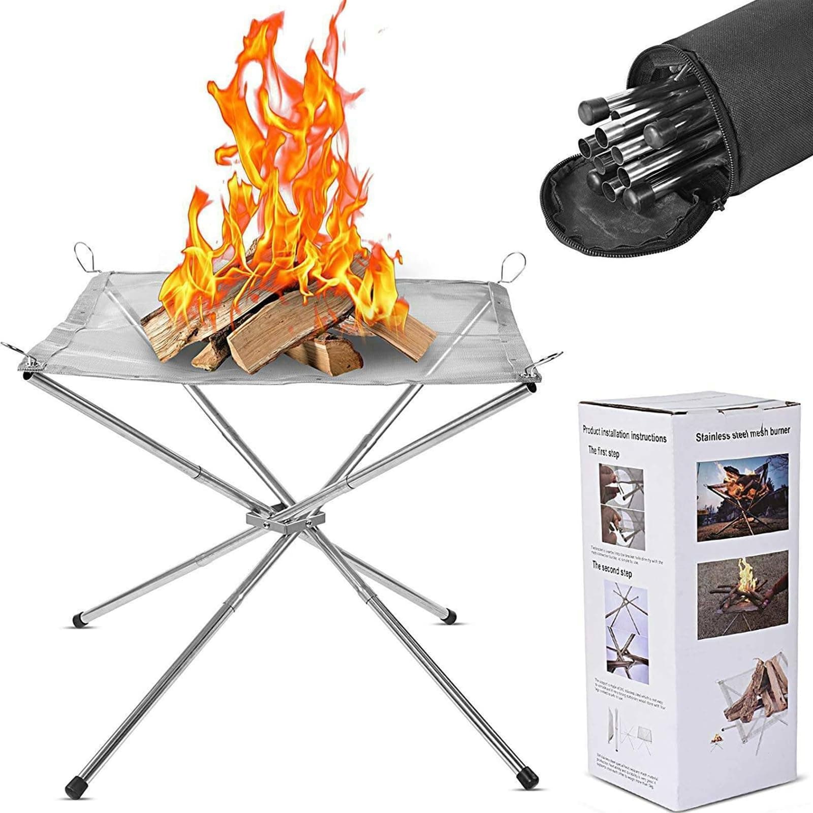 22″Portable Fire Pit for Camping,Large Upgrade Collapsing Stainless Steel Mesh Outdoor Fire Pits for BBQ Heating,Bonfire,Barbecue,Patio,Backyard,Garden(Carrying Bag Included)