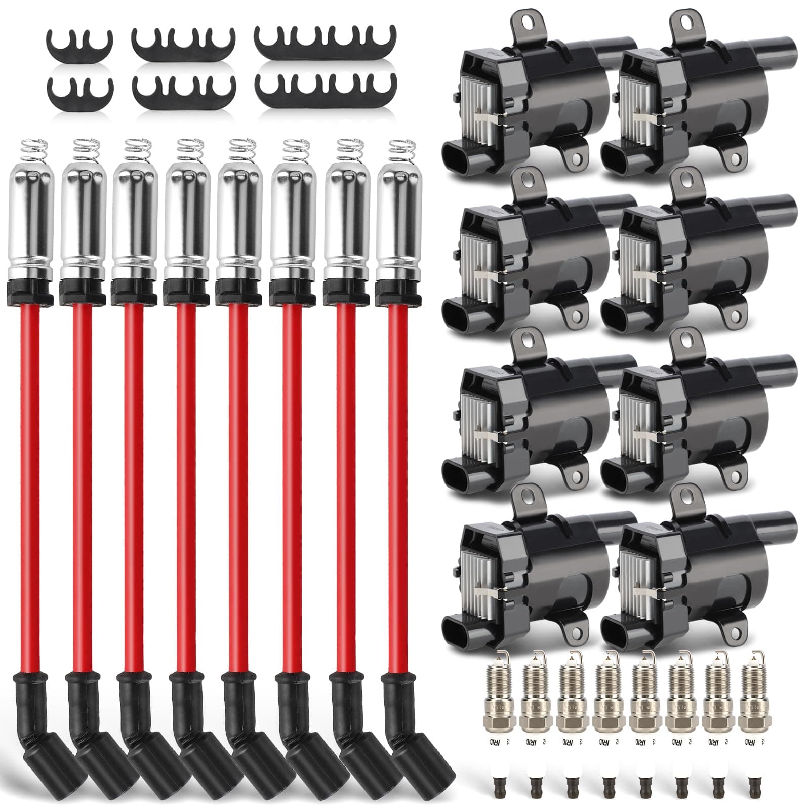 UF262 Ignition Coils Pack & Double Iridium Spark Plugs & 10.2MM Spark Plug Wires for Chevy Avalanche Express Tahoe Silverado Suburban 1500 2500 3500/GMC Savana Sierra Yukon/HUMMER H2 OEM# D585