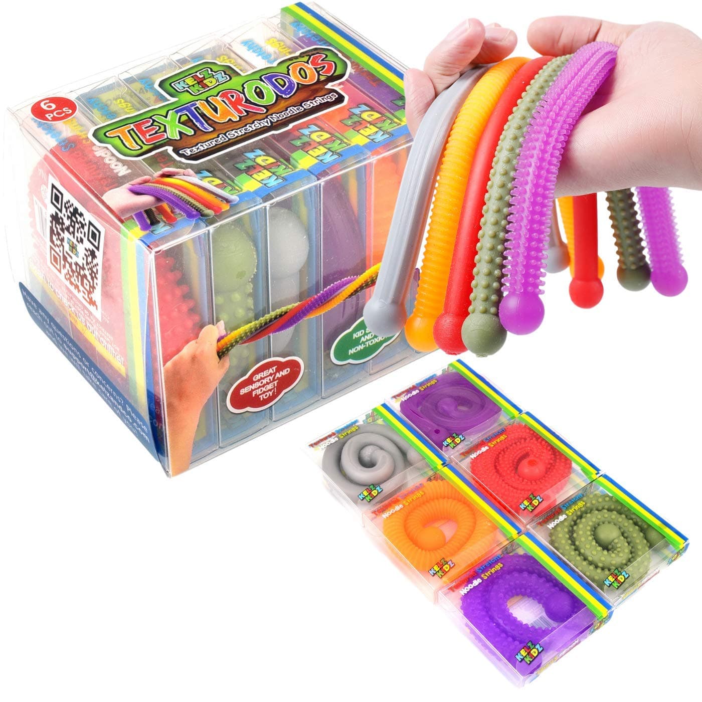 KELZ KIDZ - TEXTURODOS™ - Durable Textured (Patented) Stretchy String Fidget and Sensory Toy - Individually Packaged Monkey Noodles - Fun Therapeutic Stress and Anxiety Reliever for Kids (6 Pack)