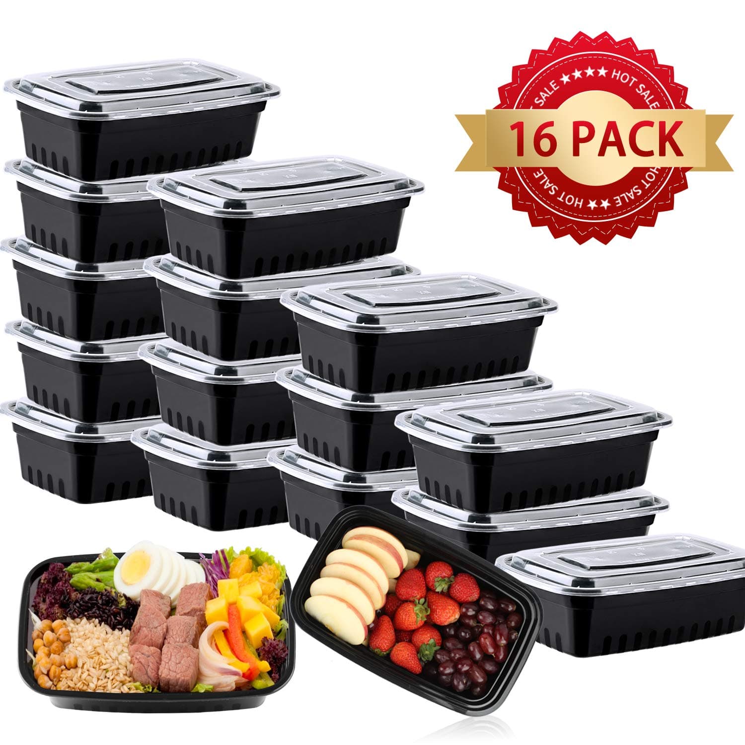 Meal prep containers with Lids[16 Pack] 48OZ 1 Compartment Disposable Plastic Bento Insulated Lunch Box,Stackable, Reusable, Microwaveable