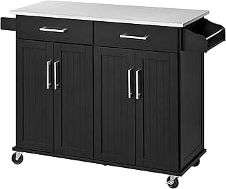 Yaheetech Rolling Kitchen Island with Stainless Steel Top, Kitchen Cart Storage Cabinet on Wheels with 2 Drawers and Inner Adjustable Shelves for Dining Room, 50.5 Inch Width, Black