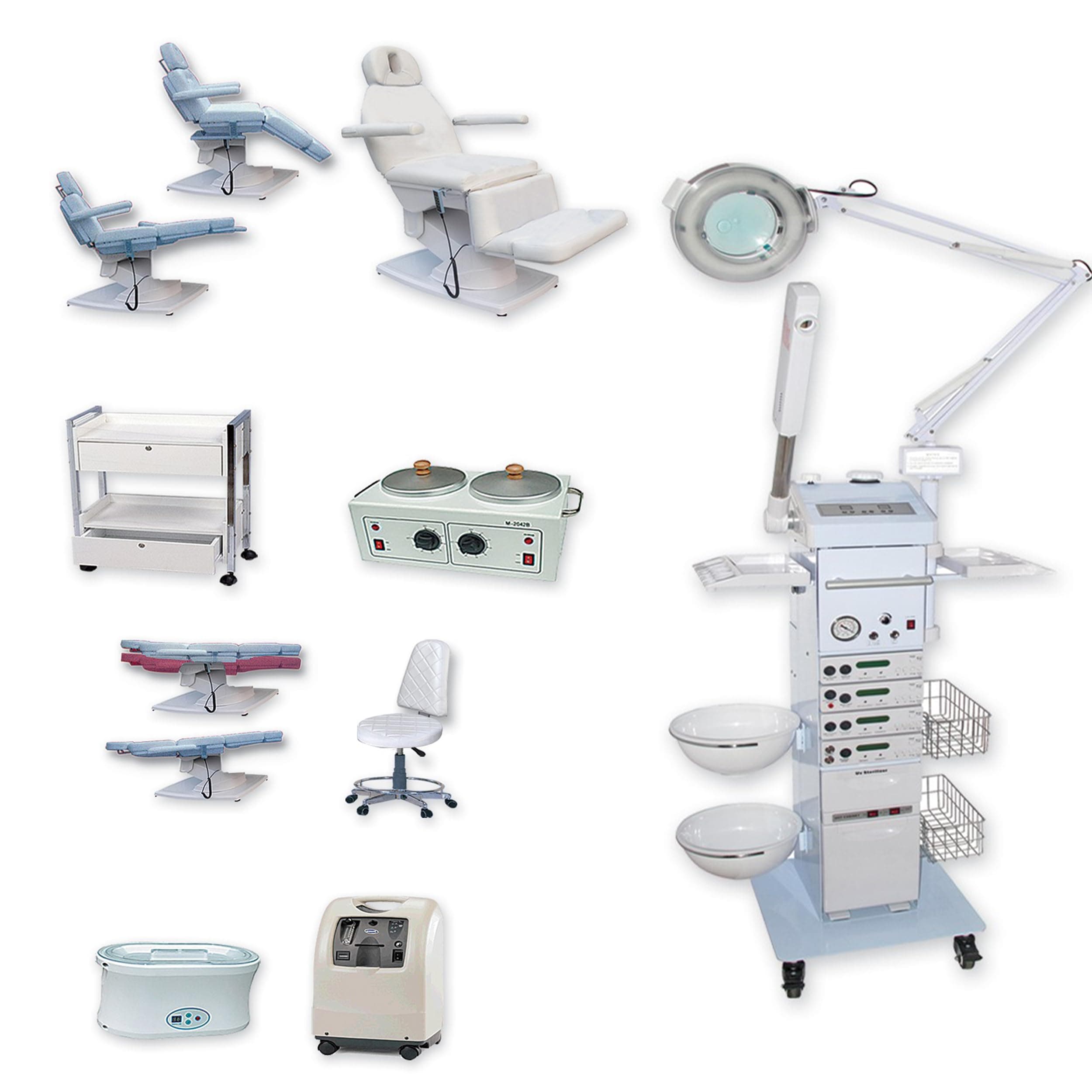 Discount Spa Equipment - PACK-8, Spa Equipment Package, 19-Function Facial Machine, Oxygen Facial Unit, Electric Massage Bed, Hydra Stool, UV Light, Wood Cart, Paraffin & Double Wax Warmer