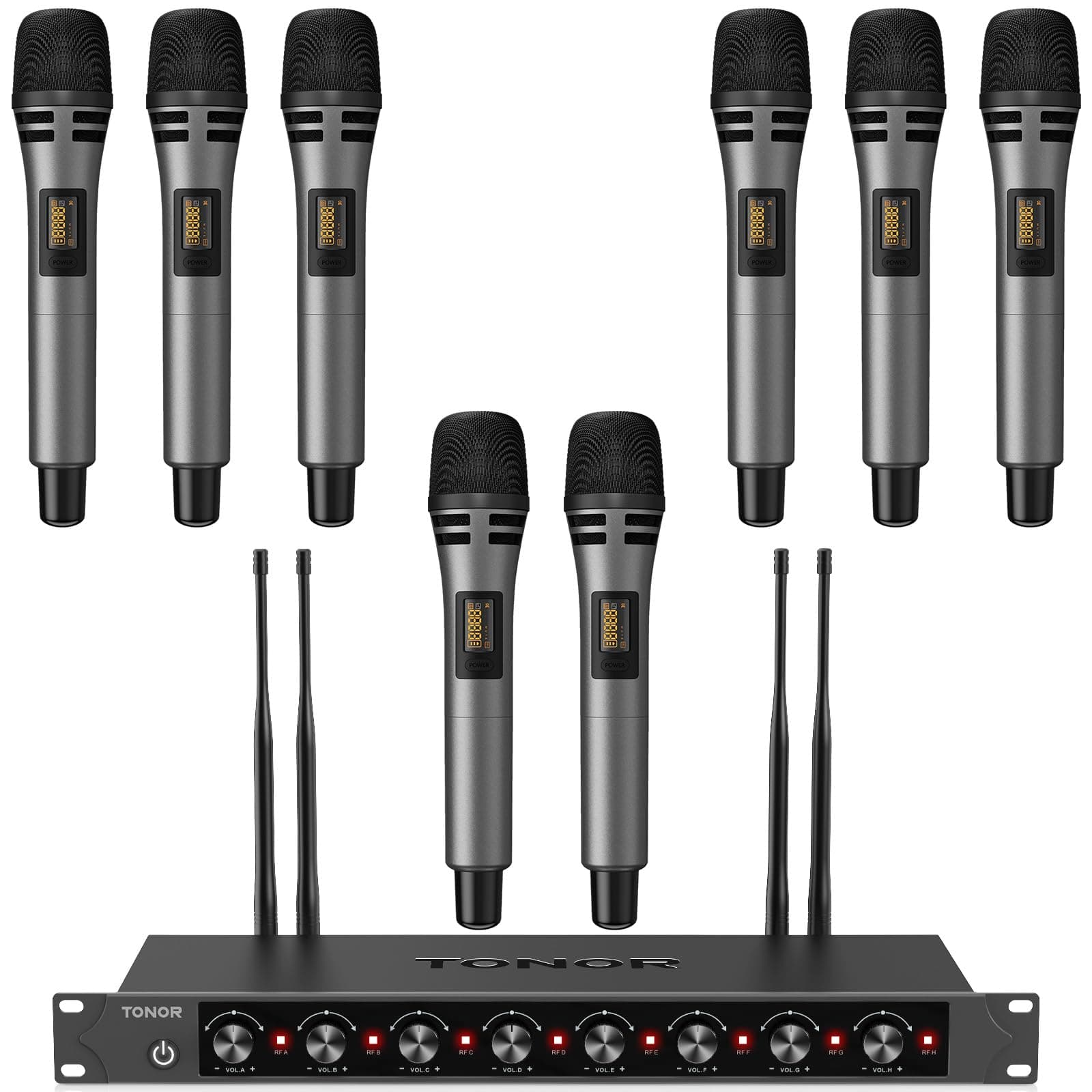 - Wireless Microphones System with 8x12 Channels Cordless Handheld Microfono Inalambrico, 90 m/295FT UHF Range, Mics with Stable Signal, Quick Mute for Karaoke Singing Party Church Wedding