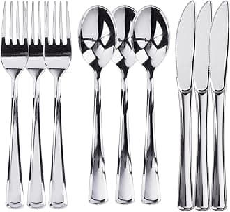 Prestee 300 Piece Heavy Duty Plastic Silverware Set - 100 of Each Silver Plasticware Forks, Spoons, Knives - Flatware Cutlery for Weddings - Durable Disposable Plastic Utensils for Catering, Buffets