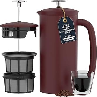 P7 French Press Coffee Maker - Double-Walled Stainless Steel Insulated with Micro-Filter, 32 Ounces, Cranberry