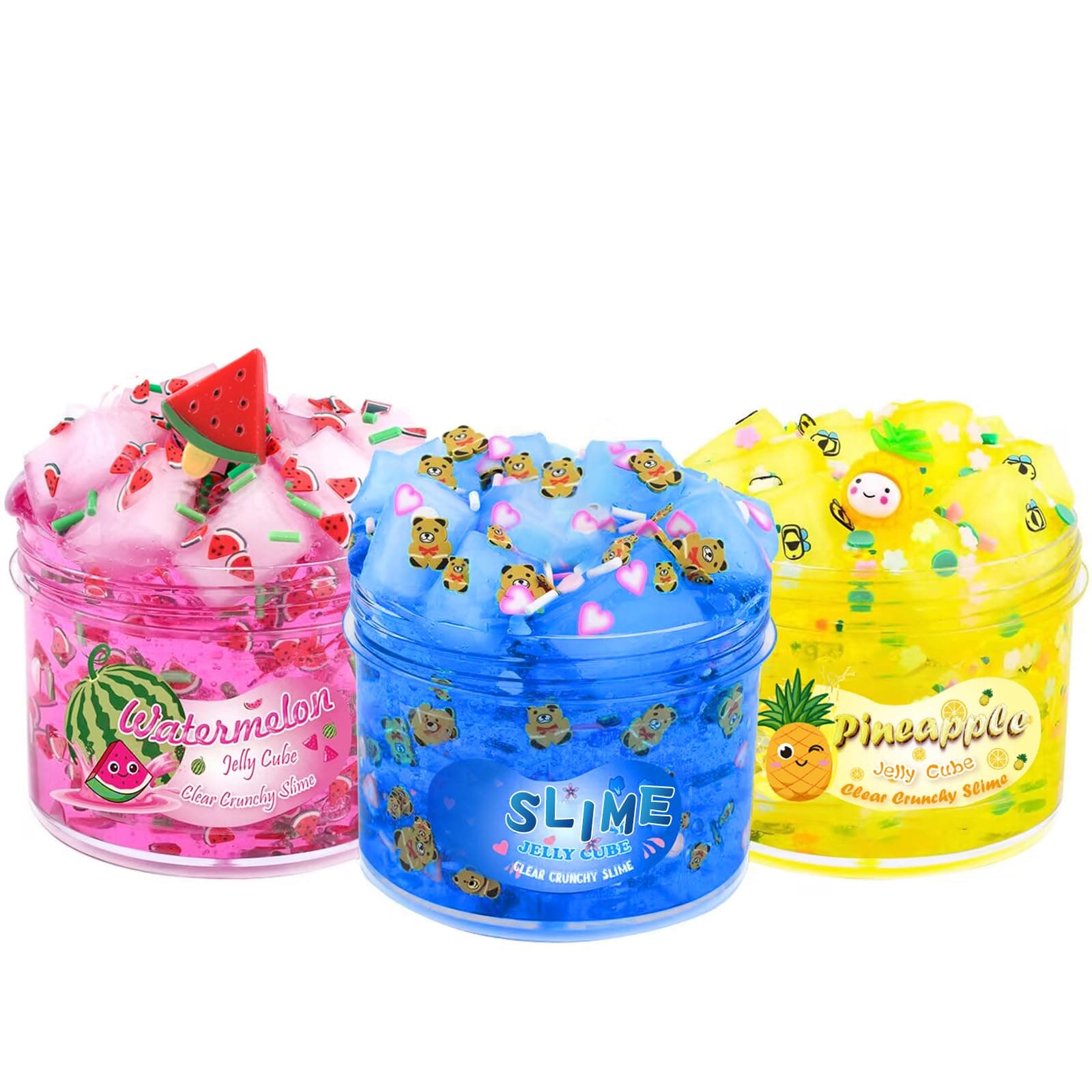 Slime Kit - 3 Pack Jelly Cube Clear Crunchy Slime with Blue, Watermelon and Pineapple Charms, Preppy Aesthetic Stuff, Cute Stress Toys Cool Birthday Gifts Ideas for Girls and Boys