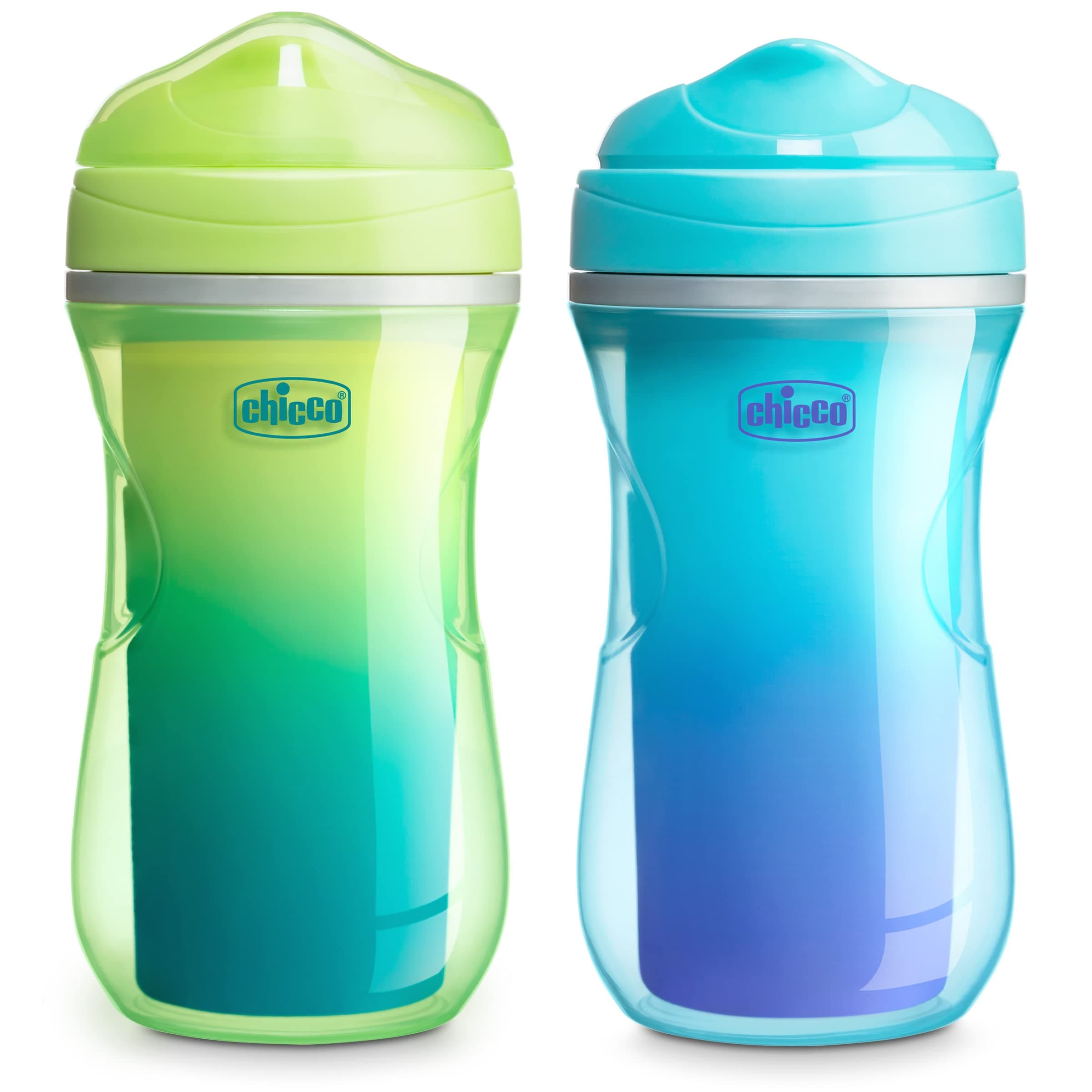 Chicco Double-Wall Insulated Sippy Cup with Bite-Proof Rim Spout and Spill-Free Lid 9oz. | Top-Rack Dishwasher Safe | Easy to Hold Ergonomic Indents | Green/Teal Ombre, 2pk | 12+ months